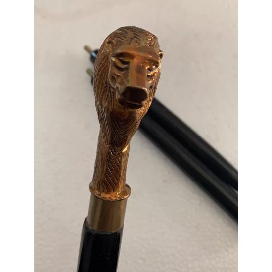 Vintage Victorian Wooden Walking Stick CaneAntique Brass Lion Head Handle Gift
