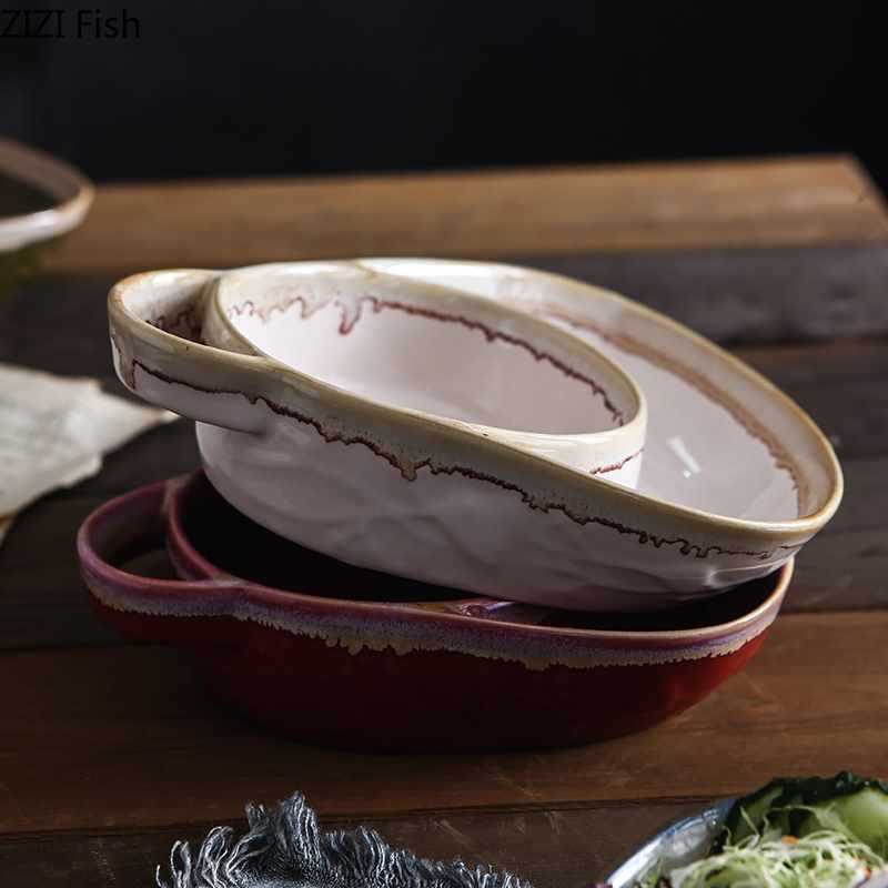 Vintage Split Plate Ceramic Breakfast Fruit Salad Plate Hotel Restaurant Buffet Plate Home Party Creative Baked Rice Tableware