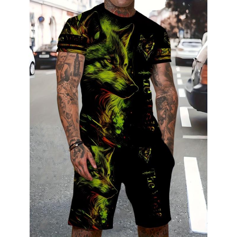 Summer men's sports suit wolf 3D 3D 3D printed short sleeved T-shirt shorts set