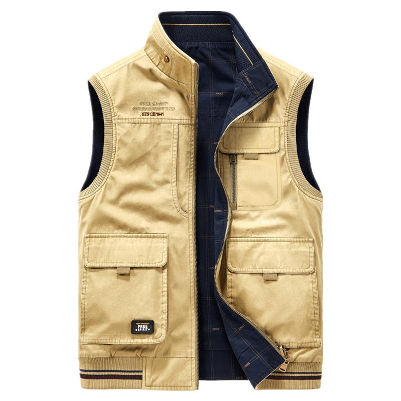 Autumn Winter Men s Cotton Vests Men Multi-pocket Fishing Waistcoat Men Double-sided Military Sleevesless Jackets Plus size 8XL M хаки