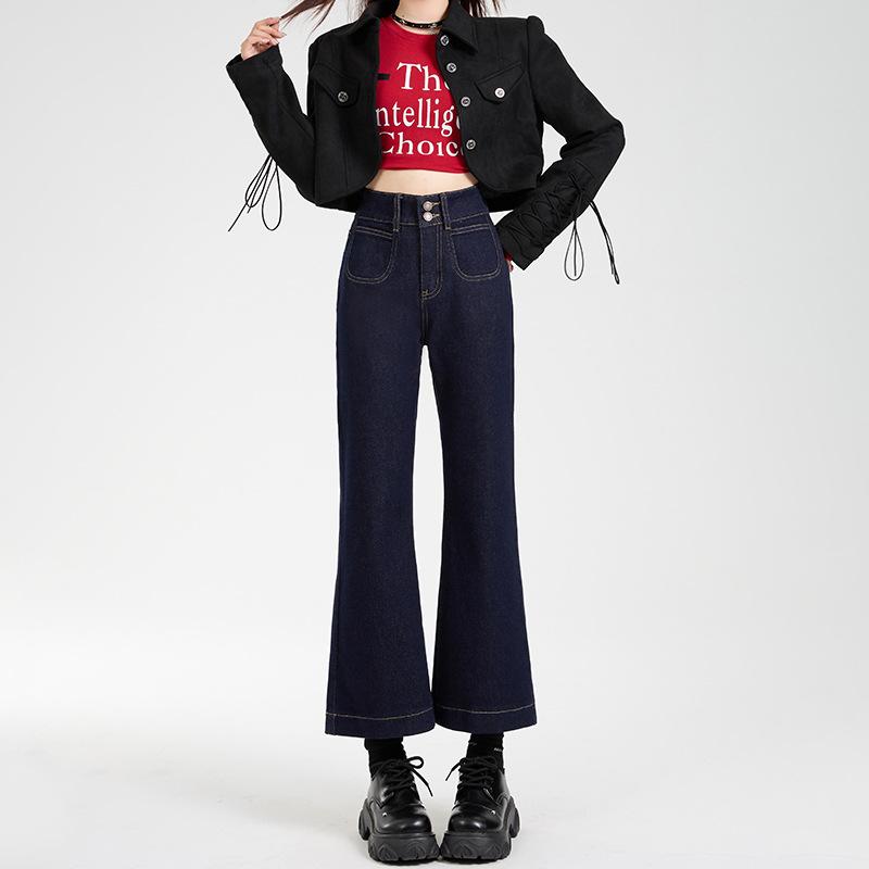 Denim blue nine-point flared jeans women's spring and autumn new high-waisted elastic design small jeans
