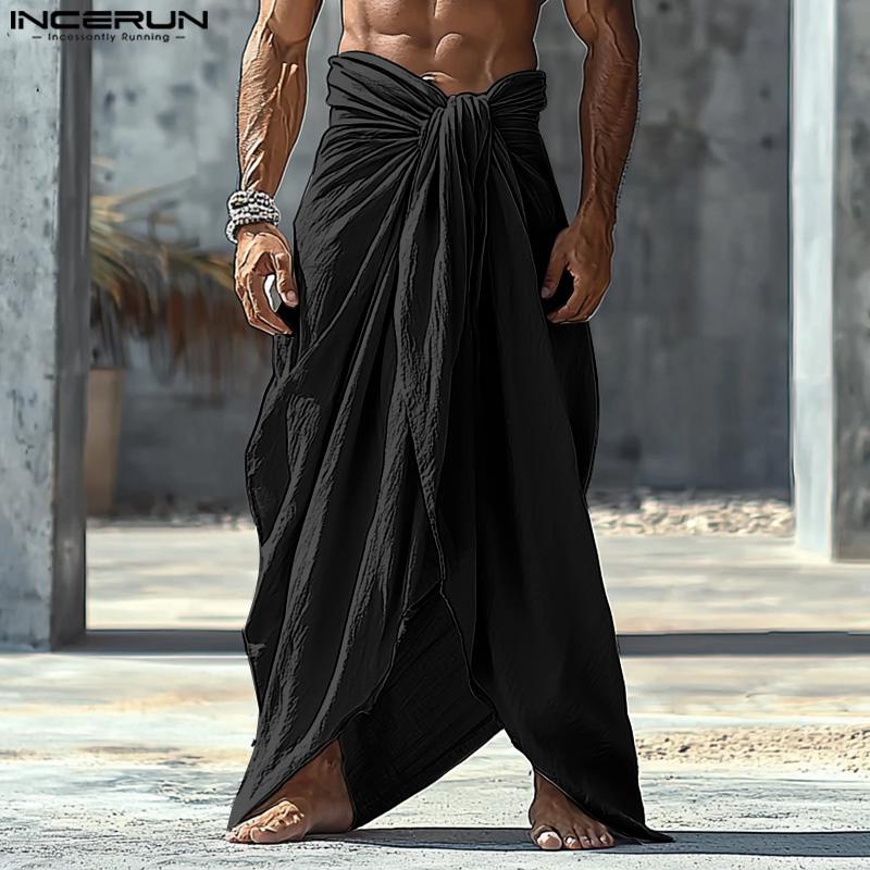 INCERUN Men Elastic Waist Twisted Irregular Layers Casual Loose Long Pants Trousers
