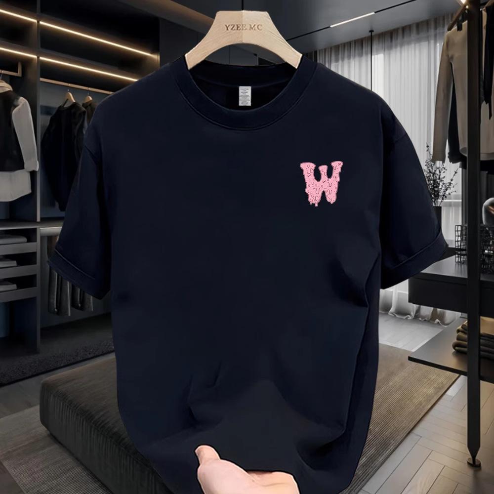 

Summer Round Neck Letter W Pattern Printed Top Fashionable Casual Pure Cotton Short Sleeved Men s T-shirts S