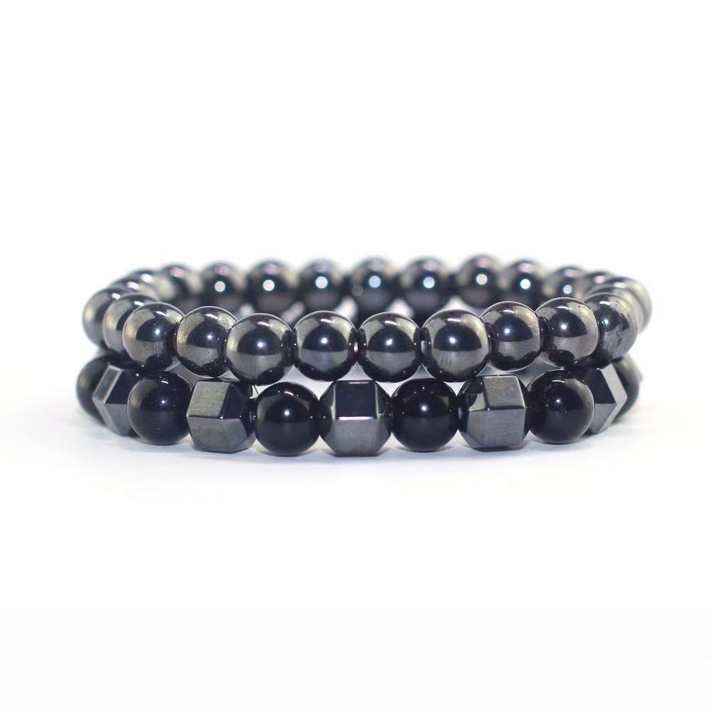 Matte Black Cubic Zirconia Ball & UFO Pendant Braided Bracelet Set