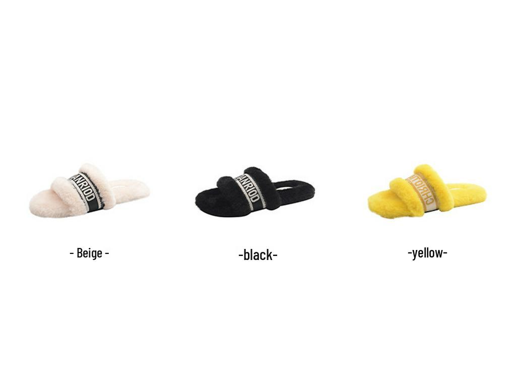 2025 Autumn/Winter Women's Fuzzy Flat Slippers - One-Strap, Letter Design, Versatile Korean Style, Warm Outdoor Footwear (EU)