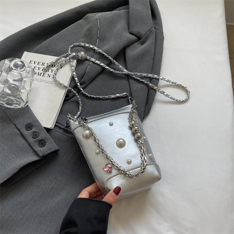 Trendy Chain Mini Crossbody Bag Women Fashion Colourful Diamond Pearl Phone Bag Lady Lipstick Coin Purse