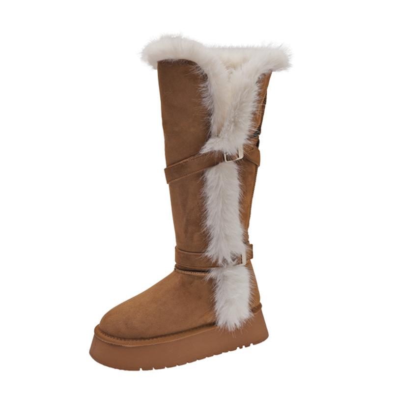 Dámské zimní zateplené sněhule na silné platformě, zvýšené, s kožešinou, teplé, proti chladu, polstrované, protiskluzové, odolné proti opotřebení, ležérní sportovní dlouhé bavlněné boty