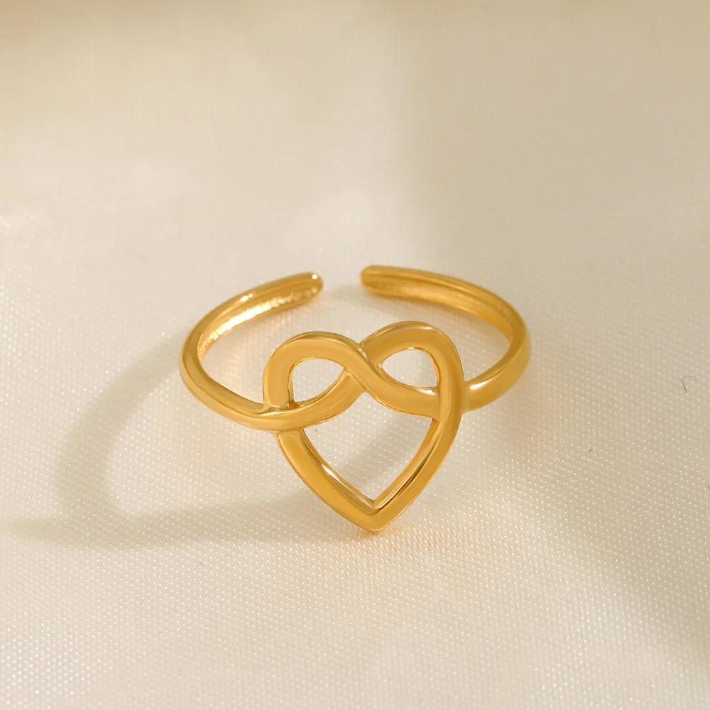 Classic Simple Gold Color Stainless Steel Line Heart Couple Rings for Women Men Exquisite Fashion Adjustable Finger Jewelry Gift