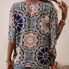 Ladies Summer Short Sleeve V Neck Loose Retro Flower Printed Pullover  Shirt Top