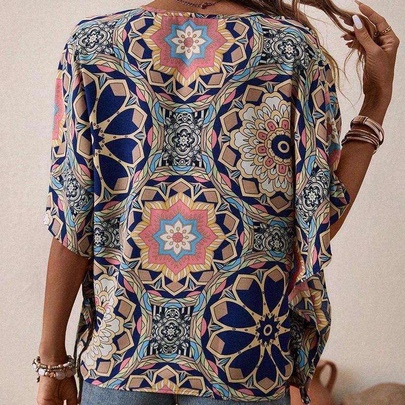Ladies Summer Short Sleeve V Neck Loose Retro Flower Printed Pullover  Shirt Top