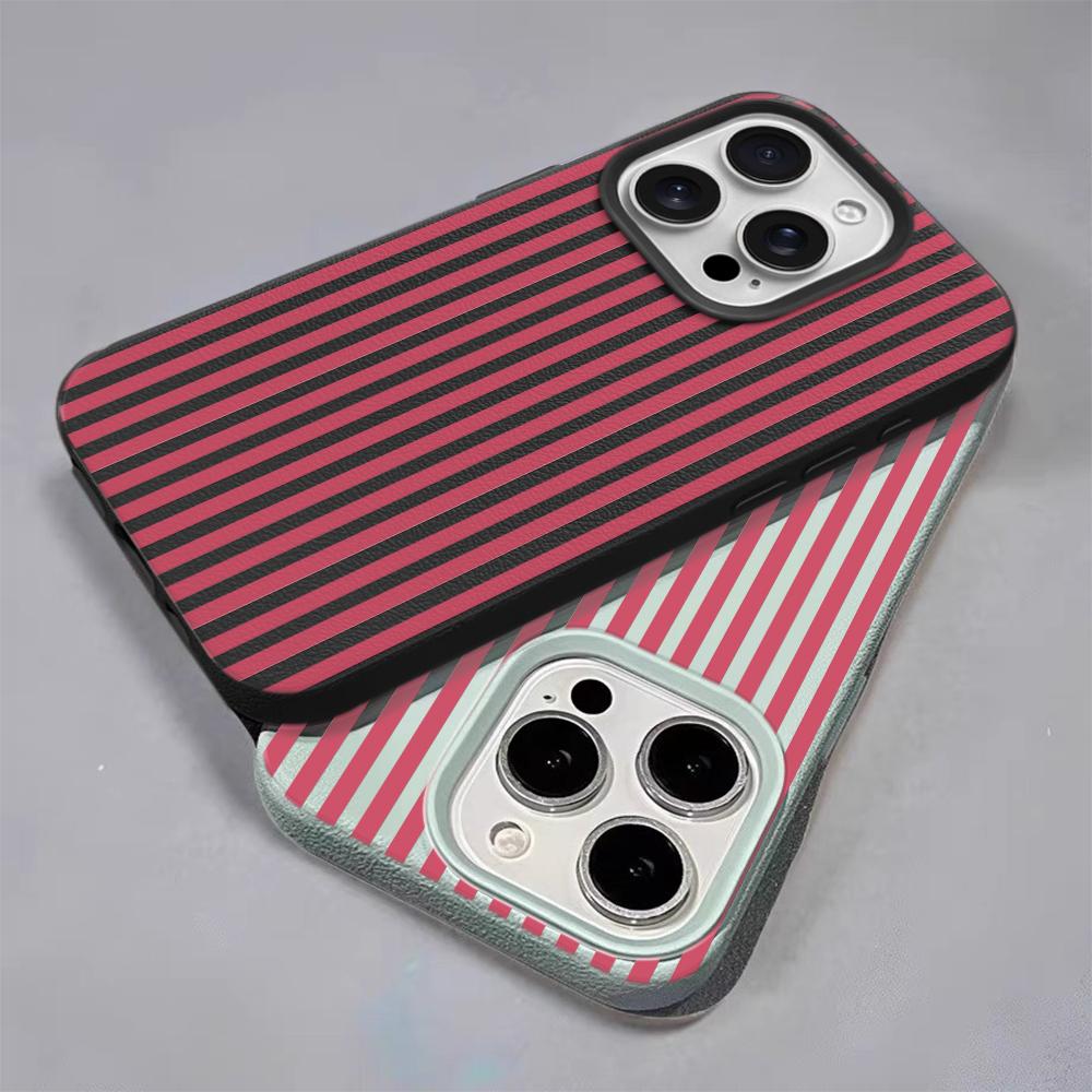 Mint Pink Stripe Leather Texture Soft Case for iPhone 17 17E 16 15 14 13 12 11 Pro Max Minimalist Shockproof Cover