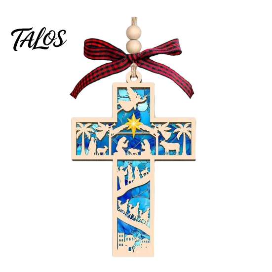 Unique Gift for Book Worms Christmas Wooden Hollowed Pendant, Cross/Christmas Tree Hanging Ornament, Decorative Rustic Wood Ornament Plaid Bow