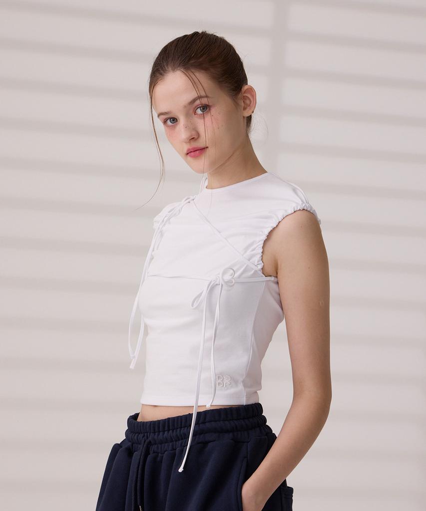 DANGLEDROP Dgdp String Shirred Ribbon Short Sleeve Crop Sleeveless White