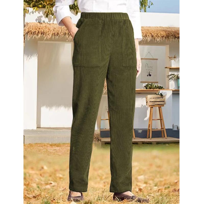 2026 New Women's Solid Color Elastic Waist Corduroy Straight Leg Casual Pants