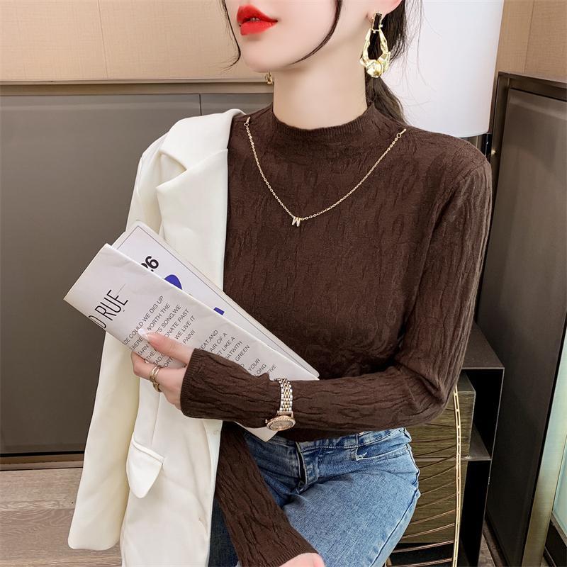 Half High Collar Textured Base Shirt Mid Neck Wrinkled Top Women's Early Autumn Long Sleeved Sweater