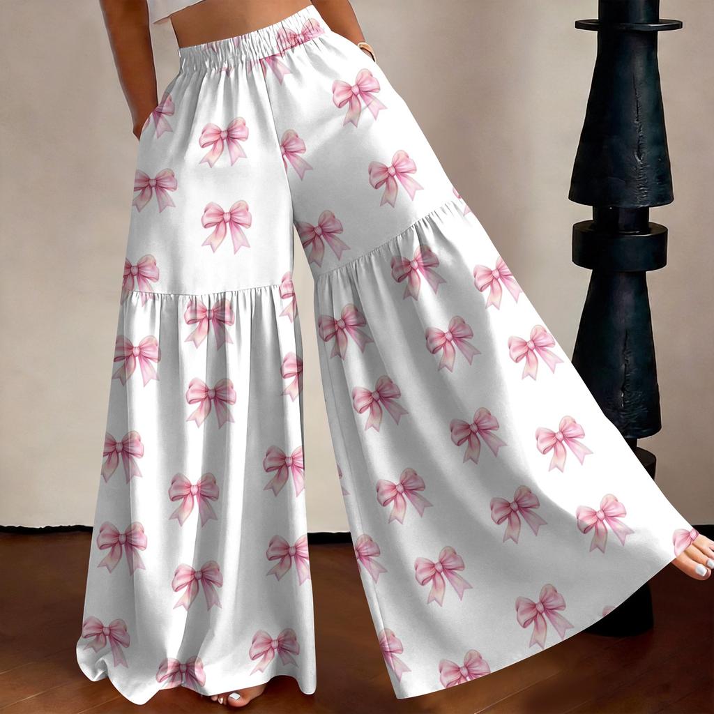 Damen High Waist Weite Beine Hose Lockerer Schnitt Leicht Fließend Bedruckte Lässige Hose Elastischer Bund Palazzo Hose