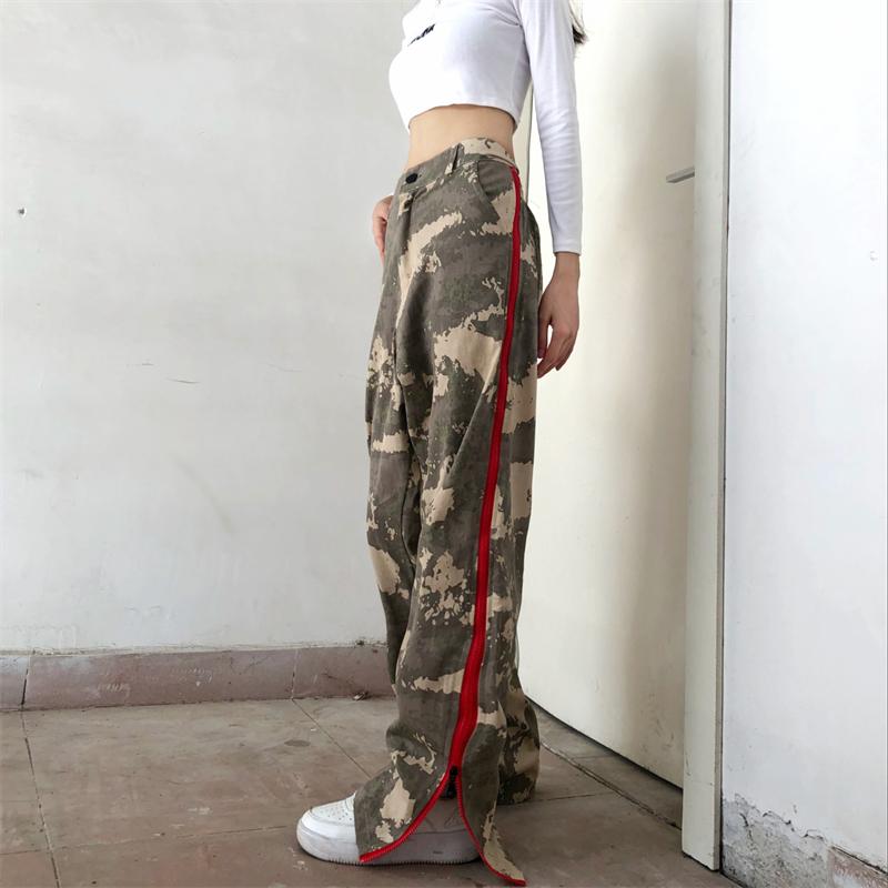 Pantaloni casual de primăvară toamnă Tide Hot girl retro talie înaltă pantaloni de camuflaj hiphop americani pentru femei salopete Harajuku largi