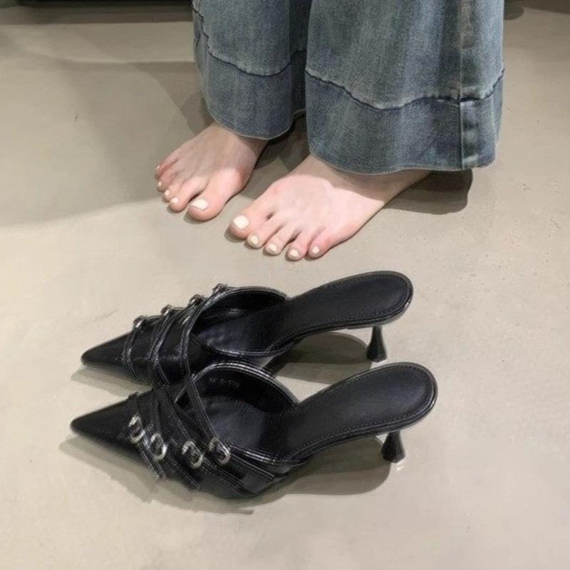 

Летние новые полушлепанцы Баотоу женские модные с острым носком с мелким вырезом с ремешком и пряжкой универсальные удобные на высоком каблуке 43 чёрный