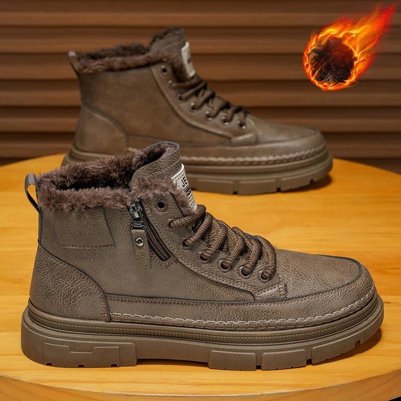 Winter Plush Thicken Men Cotton Shoes Non Slip Comfortable Warm Leather Shoes Fashion Lace Up Zipper Height Increase Short Boots