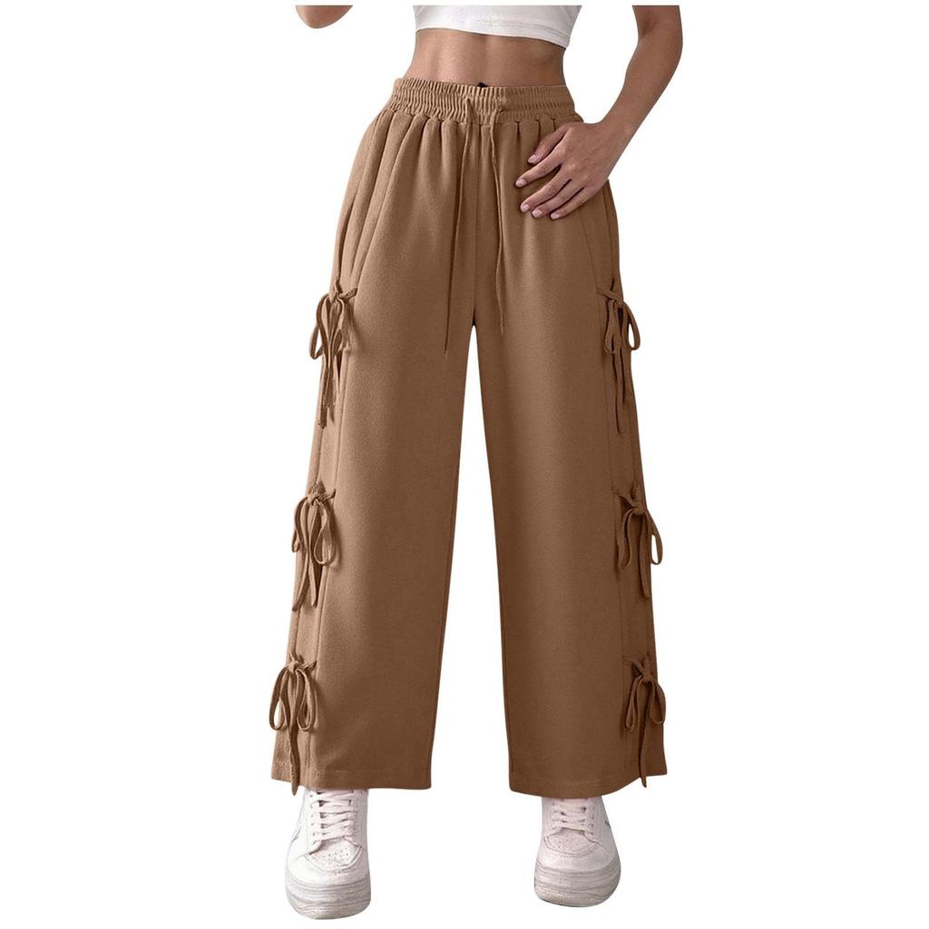 Womens Laceup Bowknot Side Wide Leg Pants Casual Elastic High Waisted Loose Comfy Sweatpants With Pockets