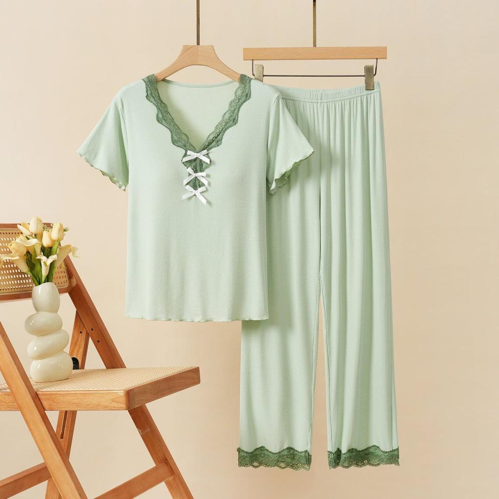 Women Suits Sets Lace-Trimmed Padded Nightgown Set with Short-Sleeve Top and Long Pants for Women Pants Two-piece Oversize 2PC Suit
