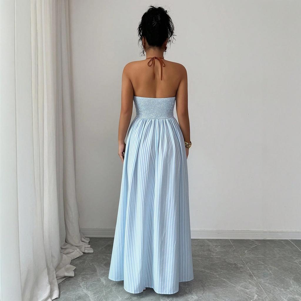 2025 New European and American Holiday Style Striped Neck Halter Dress Summer Slim and Thin Dress