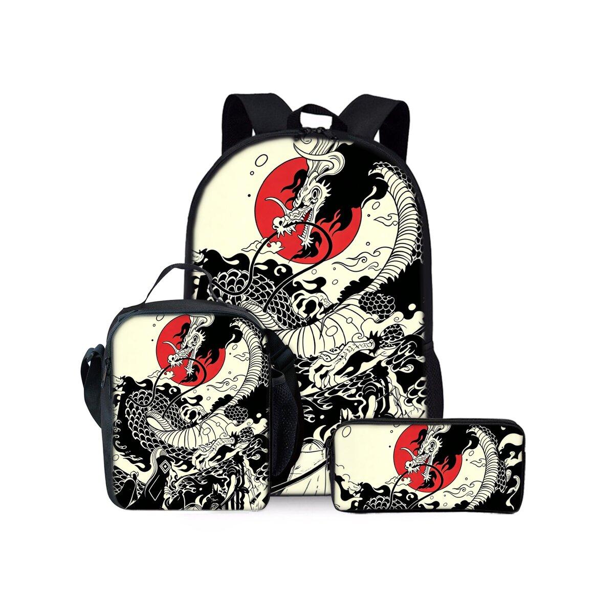 Ensemble de Sacs à Dos Trois Pièces Impression Dragon Divin Chinois pour Garçons et Filles Meilleurs Cadeaux Sac à Dos Scolaire Plat Dessin Animé 2D pour Enfants
