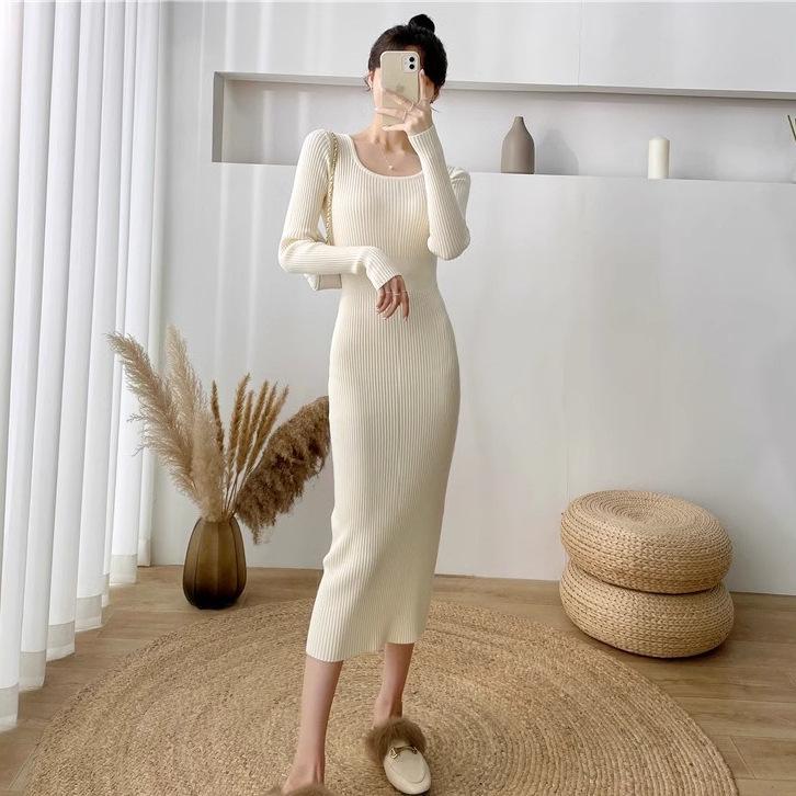 Women s French U-Neck Knit Dress: Autumn/Winter Slim Fit, Waist-Cinched, Bodycon Sweater Skirt One Size грязно-белый