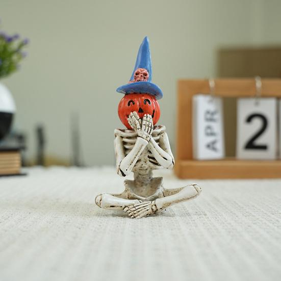 Halloween Skeleton Pumpkin Figurine Resin See Hear Speak No Evil Pumpkin Head Skeleton Statue for Home Haunted House Decor
