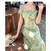 Seaside Vacation Green Floral Small Flying Sleeve Dress Gentle Temperament Beautiful Waist a Word Beach Dress
