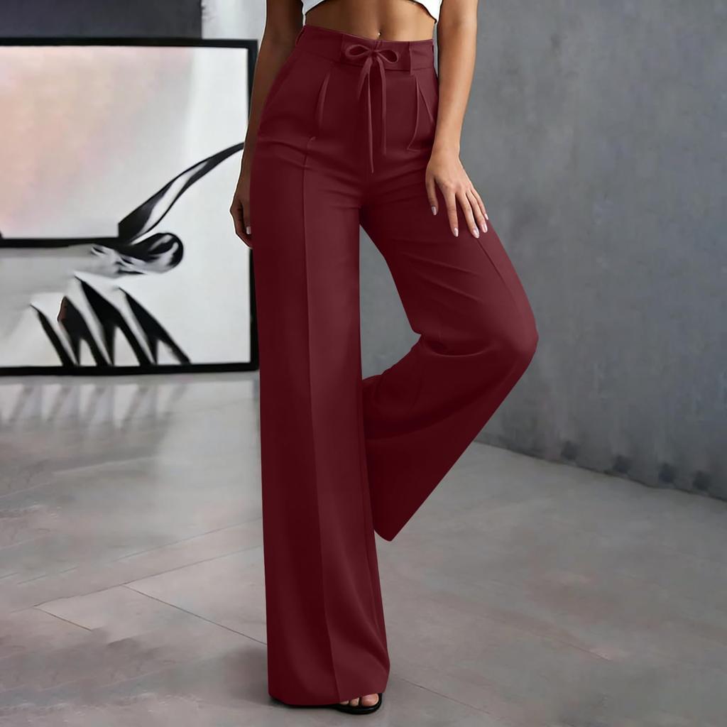 Women's Loose Fit Wide Leg Dress Pants High Waist Elastic Waistband Casual Trousers with Drawstring Professional Office Wear