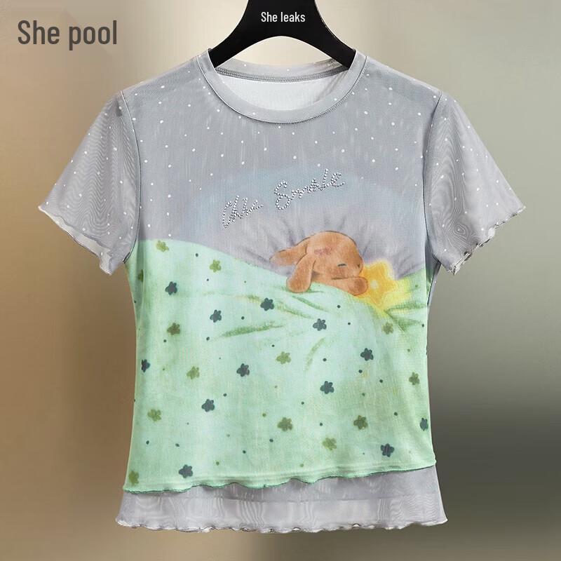 Shechi Women s Summer Cartoon Print Round Neck T-Shirt S