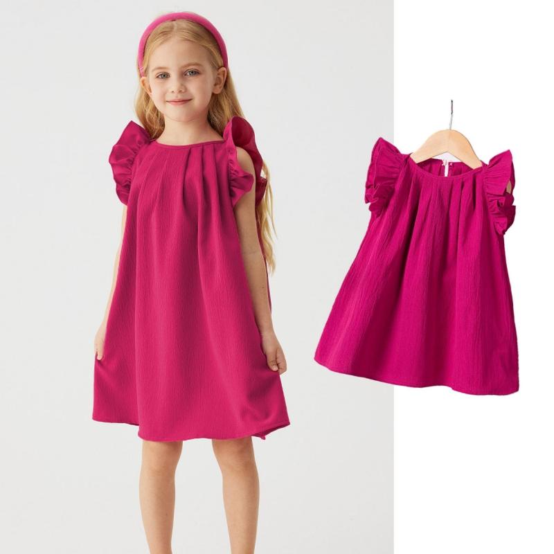 Toddler Girl Solid Dresses Kids Cute Little Flying Sleeves Dresses Summer Baby Girl Casual Clothing Princess Party Clothes