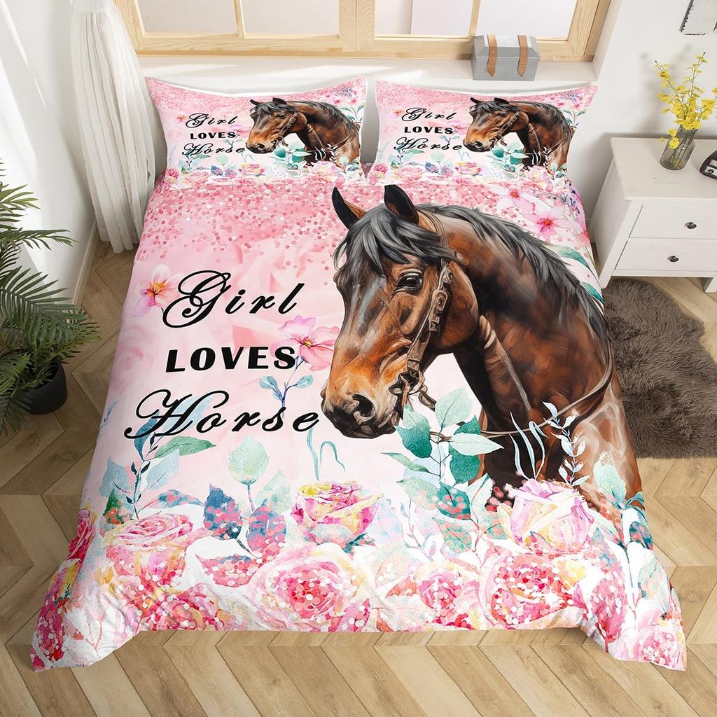 Comforter Horses Printed Queen Size Chic Exotic Comforter With Teens Adults Kids Boho Geometry Bedding Set