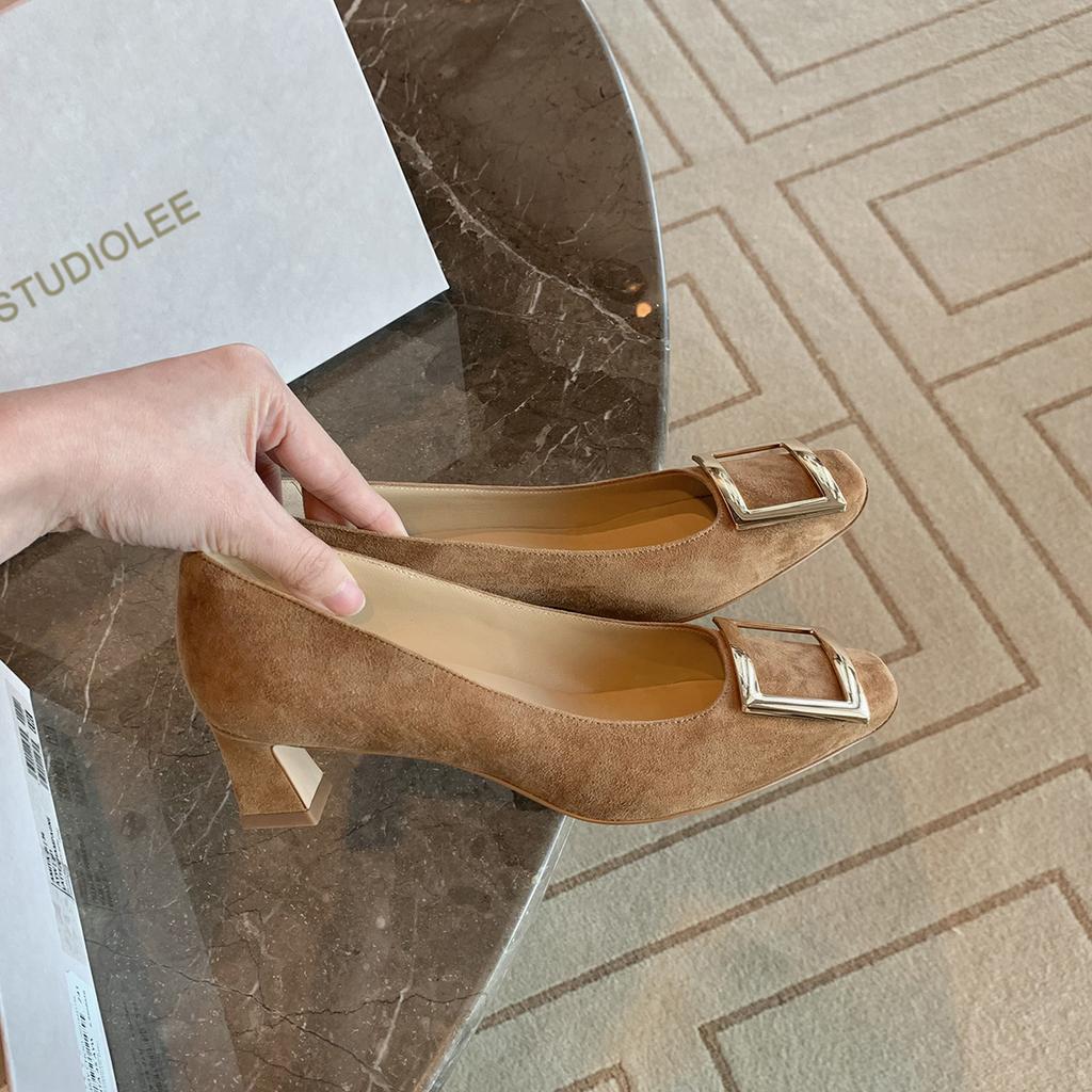 Sheepskin Version~ Height Increase 5.5cm Classic Small Square Head Bright Line Design Horn and Shallow Mouth Commuter Work Single Shoes Women