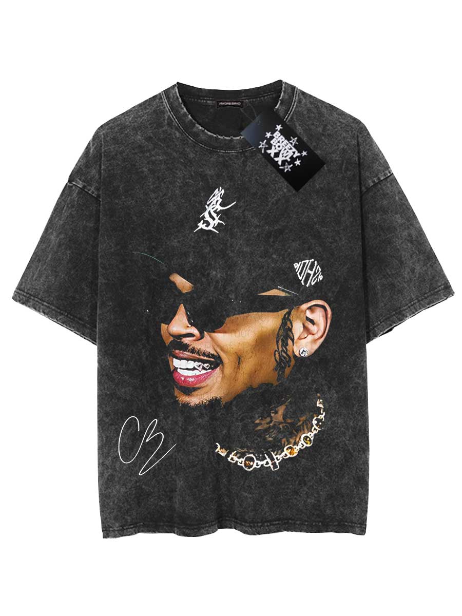 

Chris Brown Oversized T shirt Washed Vintage Cotton Hiphop Streetwear CB S