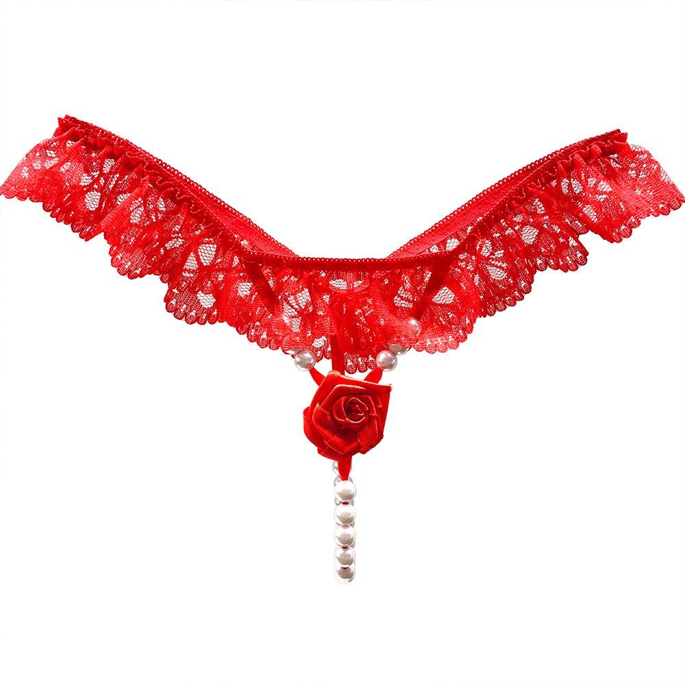Private Seduction Lace Edge Sex Panties Women's Hot Rose Thong Large Size One Rope Pearl Massage T-pants