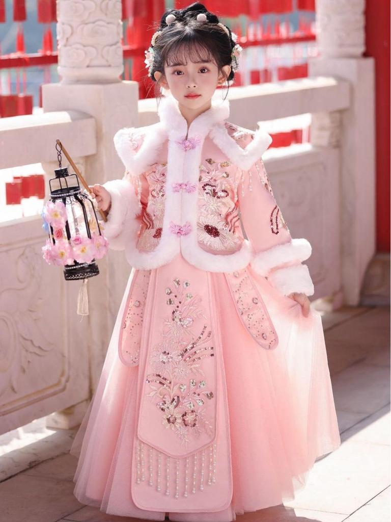 Girls' Velvet Hanfu Winter Outfit - Chinese New Year 2025 Tang Suit Costume