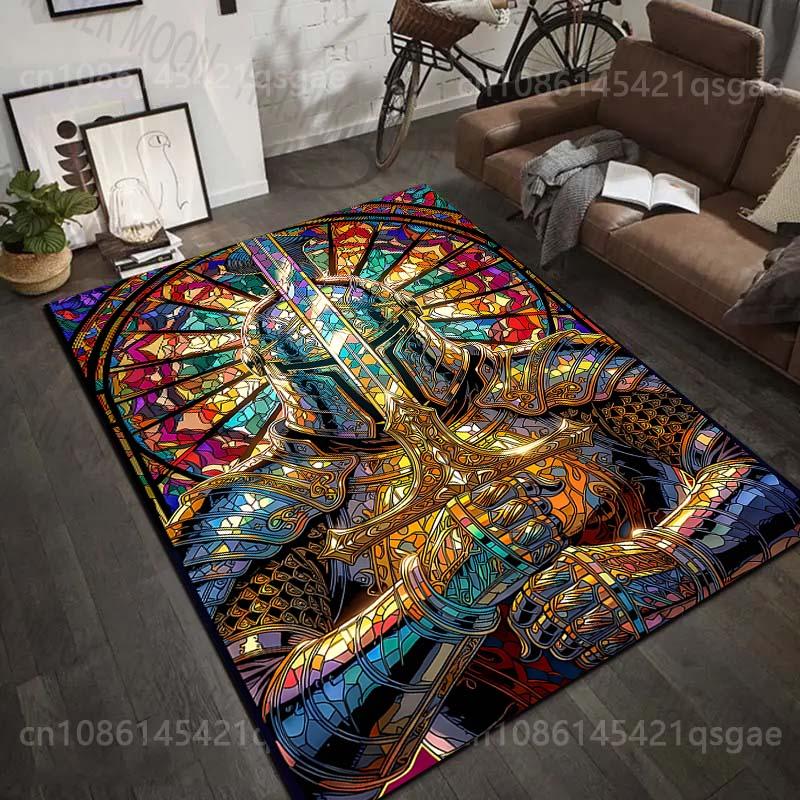 1PC Stained glass knight sword Print Carpet Rug for Living Room Bedroom Sofa Doormat Home Decor Non-slip Floor Mat