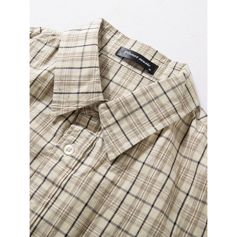 Artistic Plaid Shirt for Men, New Summer Style, Washed Pure Cotton Short-Sleeve, Trendy Brand, Loose Fit, Large Size Casual Shirt