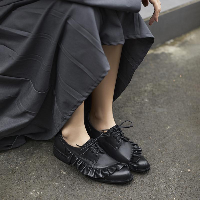 Fashion 2025 Fashion Lace-up Genuine Leather Women Pumps Shoes Woman Mid Heels Loafers Shoes Round Toe Summer Casual Party Ladies 34-40