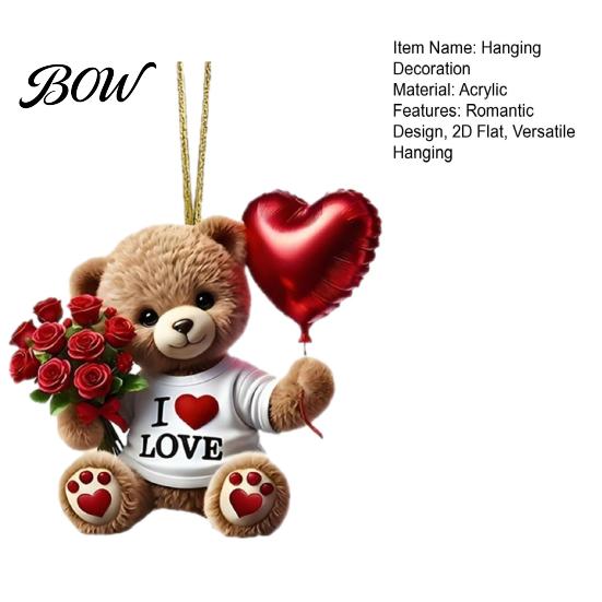 Small Romantic Keepsake Teddy Bear Hanging Ornament, Holding Heart Balloon Red Rose Bouquet Decoration, Car Rearview Mirror Accessory 2D Flat