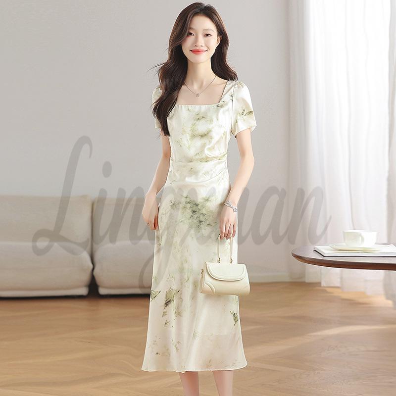 French Square Neck Silk Satin Print Dress - Women s Summer Slim Fit, Cinched Waist, Pleated Design Medium