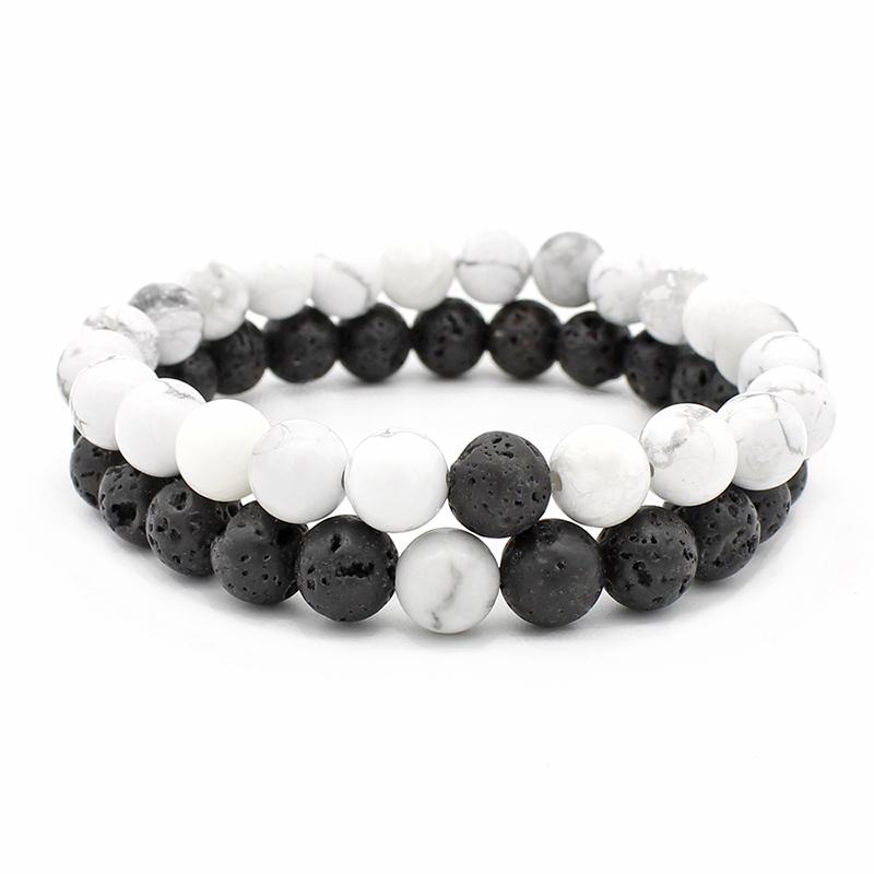 2Pcs Romantic Couple Bracelet Set 8mm Tiger Eyes Volcanic Rock Strand Braslet Valentine Day Gift Black White Matching Braclet