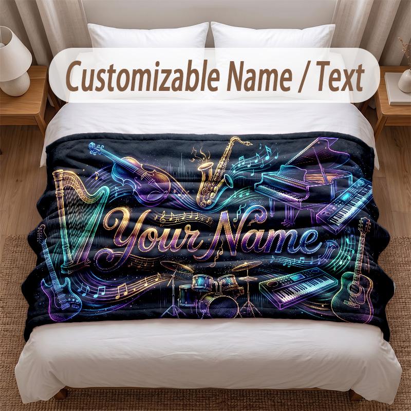 Music General Theme Soft Blanket Personalized Custom Name Text Print Warm Blanket Home Sofa Bedroom Decor