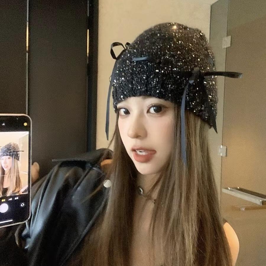 Korean Version Sequined Cold Hat Women'S Autumn And Winter Fashion Ear Protection Knitted Hat Showing Face Small Headgear Confinement