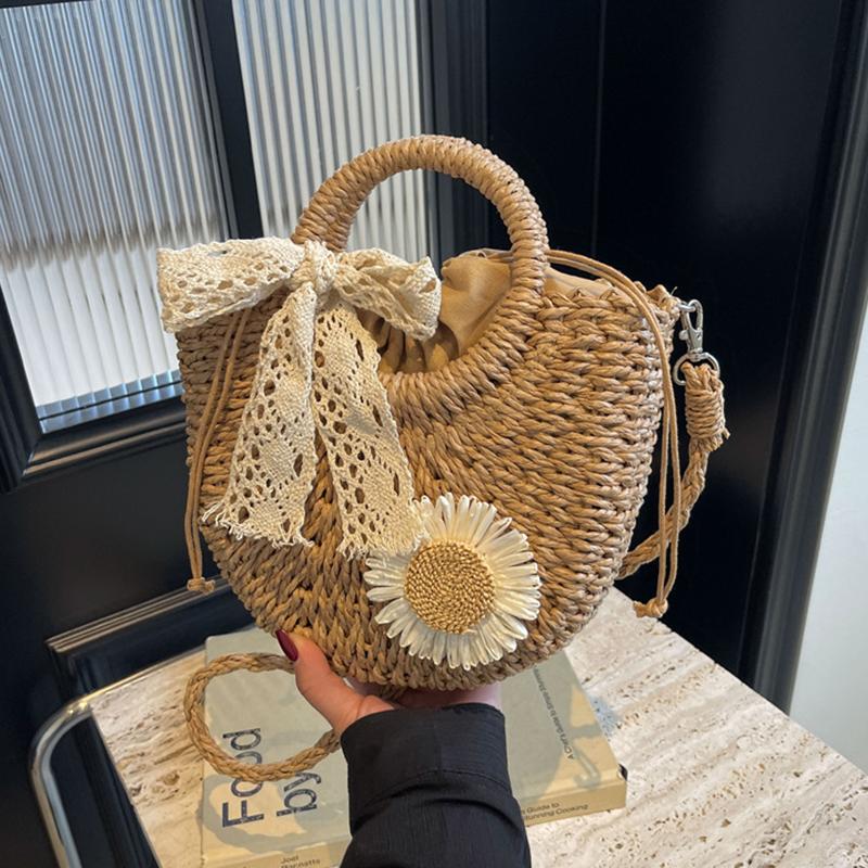 Yogodlns Women Straw Summer Beach Small Drawstring Shoulder Bag Fashion Woven Floral Decor Travel Half-moon Crossbody Bag