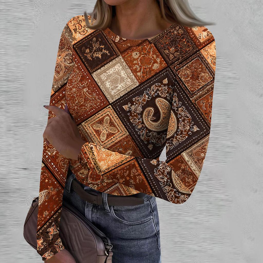Women's Casual Fashion Round Neck Retro Print Long Sleeve Ribbed Top
