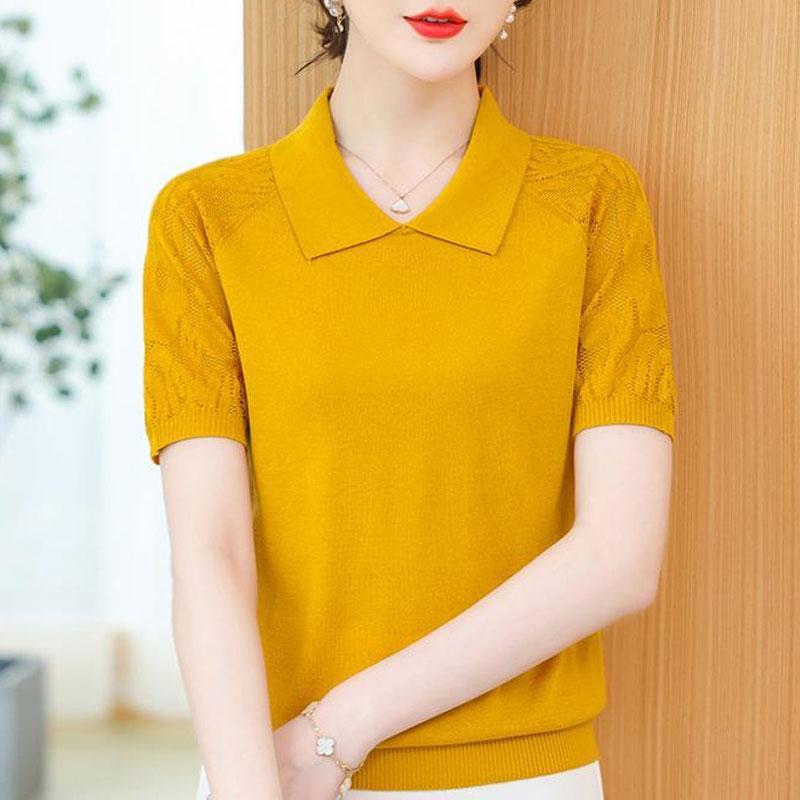 

Женская одежда Повседневные вязаные пуловеры с вырезами Модные однотонные 2023 Летние тонкие футболки с воротником Питер Пэн и резьбой XXXL жёлтый