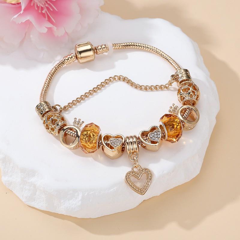 Womens Alloy Heart Charm Bracelet With Rhinestone Accents Adjustable Length 17-21cm Gold Plated Fashion Jewelry Daily Wear 17 cm золотой